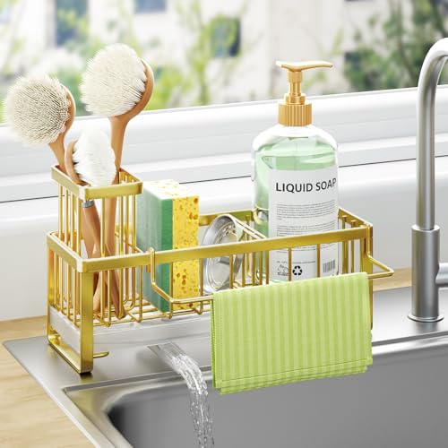 HapiRm Sponge Holder for Kitchen Sink - Self-draining Sink Caddy with Brush Holder and Dishcloth Holder, Stainless Steel Kitchen Organizer for Countertop - Gold - color: Gold, size: with Dishcloth Holder
