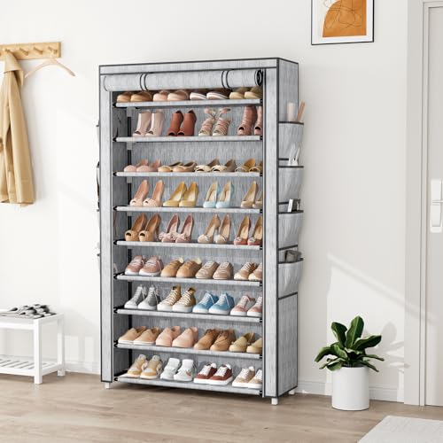 Shoe Rack with Cover, 10 Tier Shoe Organizer Storage for 40-50 Pairs Sneaker and Boots, Large Capacity, with 8 Pockets, Free Standing Tall Shoe Rack for Front Door Entrance, Closet, Printing - color: Printing
