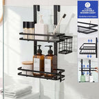 Over the Door Shower Caddy Hanging, Rustproof Shower Shelves with Waterproof Phone Pouch, 2-Tier Adjustable Bathroom Organizers and Storage, No Drilling Shower Shelf, Black Shampoo Soap Holder - size: 2 Tier