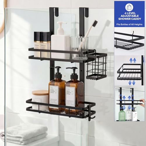 Over the Door Shower Caddy Hanging, Rustproof Shower Shelves with Waterproof Phone Pouch, 2-Tier Adjustable Bathroom Organizers and Storage, No Drilling Shower Shelf, Black Shampoo Soap Holder - size: 2 Tier