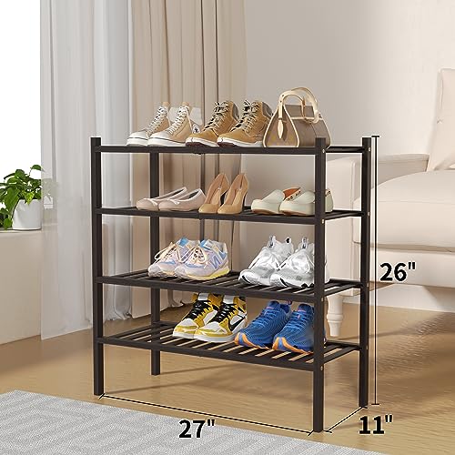 ROMGUAR CRAFT 4 Tier Bamboo Shoe Rack for Closet Free Standing Wood Shoe Shelf for Entryway Small Space Stackable 27"x11"x26" (Brown) - color: Brown, size: 4 tier