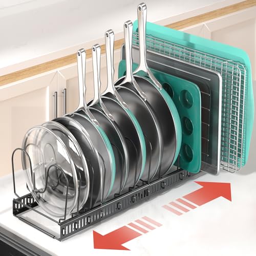 ORDORA Pots and Pans Organizer Under Cabinet, Expandable 11.8"-22.8" Pot Lid Holder with 14 Adjustable Dividers, Pan Organizers inside Cabinet for Kitchen Cookware Bakeware, Black - color: Black, size: 14 Dividers