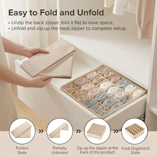 Beige 24 Grid 3 Pack Foldable Underwear Sock Storage Organizer, Non-Woven Fabric Closet Drawer Divider Bins for Socks, Ties, Baby Clothes, Dresser & Wardrobe Organization Boxes (Beige 3 Pack) - color: Beige 3 Pack