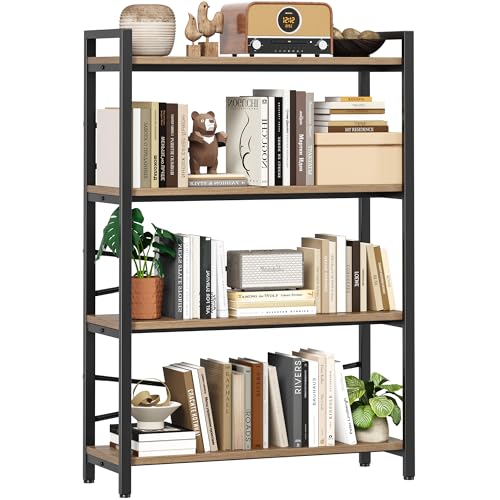 4 Tier Bookshelf 31.49" Width, Tall Book Shelf Storage and Organization, Wooden and Metal Industrial Bookcase, Large Book Shelves for Home Living Room Bedroom Office Storage(Light Coffee) - color: Light Coffe, size: 4 Tier - 31.5" W