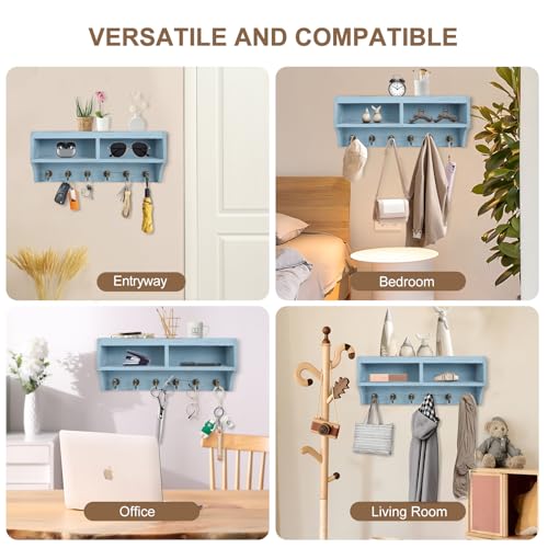 Key Holder Wall Mount - Mail Organizer Wall Mount with 6 Key Hooks and Storage Box for Sunglasses Storage and Dog Leash Holder Home Decor Rack Apartment Farmhouse Shelf Entryway Organizer (Blue) - color: Blue