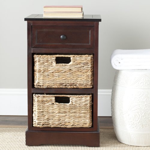 SAFAVIEH Home Collection Carrie Dark Cherry / Natural Wicker 3-Drawer Storage Nightstand Side Table (Fully Assembled) - color: Dark Cherry
