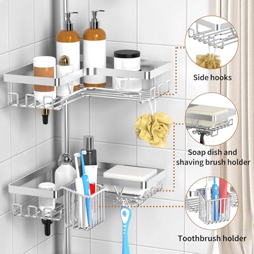 KEGII Shower Caddy Corner Tension Pole - Adjustable Corner Shower Organizer with Tooth Brush Holder, No Drilling Rustproof Bathroom Shelf Storage Rack, Fits 25-114.2 Inch, Silver - color: Silver