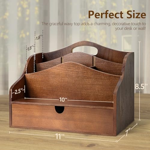 Pine Wood Mail Organizer for Desk - Rustic Mail Sorter with Drawer & Dividers - 4-Slot Mail Sorter for Letters, Files & Small Essentials - Wooden Desk Organizer for Farmhouse Home Decor (Brown) - color: A-Brown