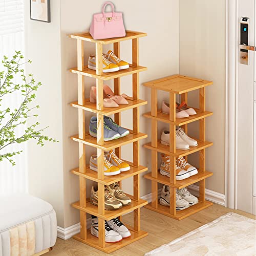 Bamboo Shoe Rack 5Tier- Vertical Shoe Rack for Small Spaces, Tall Narrow Shoe Rack Organizer for Closet Entryway Corner Garage and Bedroom,Skinny Shoe Shelf with Free Stackable DIY - color: Original Color, size: 5-tier