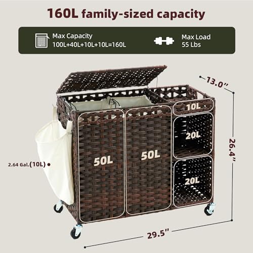 Laundry Hamper with Lid, 160L Rattan Wicker Laundry Basket with Wheels, Handwoven Laundry Hamper 2-Section with Storage shelf(42.3 Gal), Laundry Sorter Basket with Removable Liner, Brown HLH032BR - color: Brown, size: 29.5”L x 13”W x26.4”H