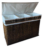Handcrafted Wicker Oversized 3 Section Divided Laundry Hamper Sorter and Organizer Handwoven Rattan Basket with Lid, Cloth Liner and Coconut Buttons, Jute Rope, and Raffia Weave Accent