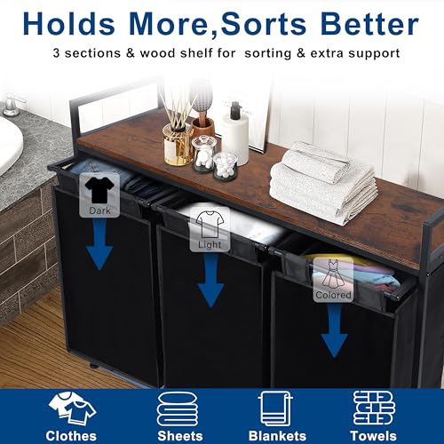 Whitmor Laundry Sorter, 138L Laundry Hamper with Shelf & 3 Removable Bags, 3 x 12.1 Gallons (46L), 36.4 x 13 x 28.4 Inches, Dirty Clothes Hamper Organizer for Laundry Room, Bathroom, Dorm, Black - size: 3 Section，Black