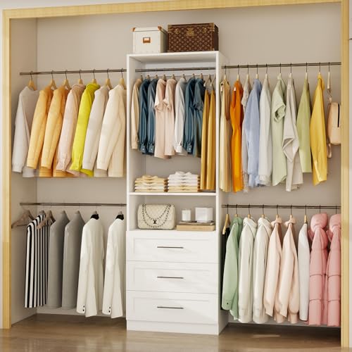 Vomavex Closet System, 4FT-8FT-9FT Closet Organizer With Drawers Wooden, Walk in Closet System with 5pcs Hanging Rods and Shelves Storage, Closet Built in System Wardrobe Organizer, White - color: 4-9FT