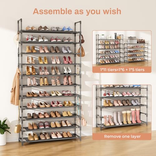 LANTEFUL 11 Tiers Tall Shoe Rack Holds 55 Pairs of Shoes with 18pcs Hooks Sturdy Wide Shoe Organizer Storage Free Standing Metal Shoe Shelf for Closet, Entryway Grey - color: Grey, size: 11 Tier-74.8" High-34" Wide