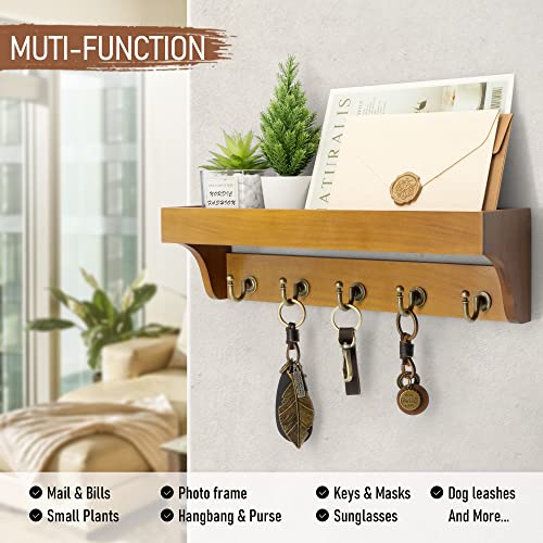 Rebee Vision Decorative Key Holder for Wall with Shelf: Farmhouse Mail Rack with 5 Sturdy Key Hooks for Home Decor, Apartment, Entryway and Hallway (Light Brown) - color: Yellow