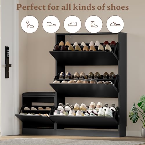 BORNOON Shoe Cabinet with Bench and 3 Flip Drawers, Slim Narrow Shoe Storage Cabinet, Freestanding Shoe Rack Organizer with Adjustable & Removable Shelves, Anti-Tip for Entryway, Hallway, Foyer - color: Black, size: 3-Drawer - Bench