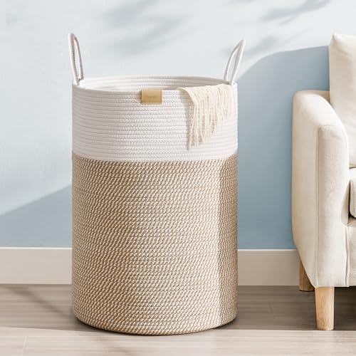 Nunsino Laundry Hamper 75L,Large Laundry Basket for Clothes,Decorative Storage Basket for Blankets,Cotton Rope Woven basket for bedroom,Brown White - color: Brown&White, size: 75L/19.8Gal