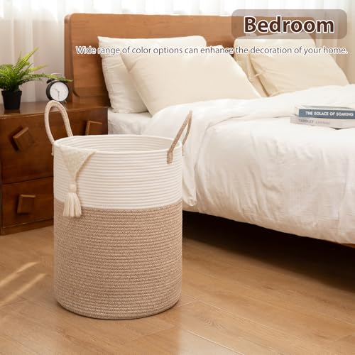 OIAHOMY Large Laundry Basket Hamper - 80L Cotton Rope Woven Basket for Blankets, Toys, Clothes - Tall Decorative Nursery Hamper with Long Handles, Brown/White - color: Brown/White, size: 80L