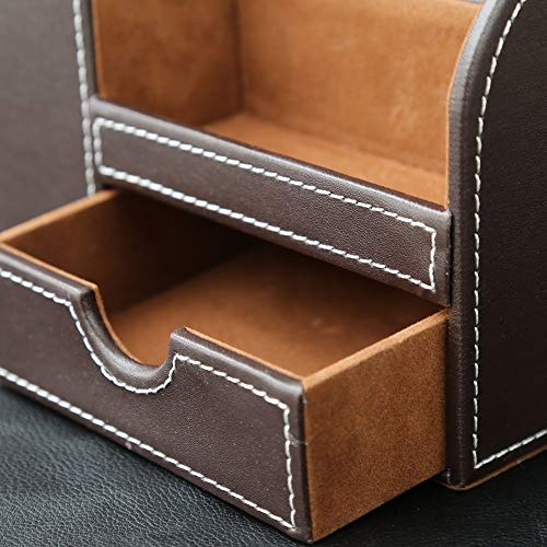 KINGFOM Desk Organizer Office Supplies Caddy Pu Leather Multi-function Storage Box Pen/Pencil,Cell phone, Business Name Cards Remote Control Holder with Small Drawer Brown - color: Brown