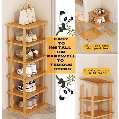 Bamboo Shoe Rack 5Tier- Vertical Shoe Rack for Small Spaces, Tall Narrow Shoe Rack Organizer for Closet Entryway Corner Garage and Bedroom,Skinny Shoe Shelf with Free Stackable DIY - color: Original Color, size: 5-tier