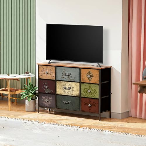 VASICAR Dresser for Bedroom with 9 Deep Fabric Drawers, Wide TV Stand Storage Cabinet, Colorful Chest of Drawers for Closet, Nursery, Entryway, Hallway - color: Pattern