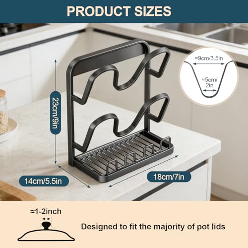 Kitchen Pot Lid Storage Rack: Carbon Steel Double-Layer Holder & Spoon Rest with Removable Drip Tray, Pot Cover Holder While Cooking, Pot Lid Organizer for Kitchen Counter Space Saving(Gray)