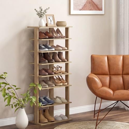 Tangkula 8-Tier Vertical Shoe Rack, Space-Saving Corner Shoe Organizer for 14 Pairs, Narrow Shoe Storage for Entryway, Front Door, or Closet - color: Natural Oak, size: 10" x 18.5" x 43.5"