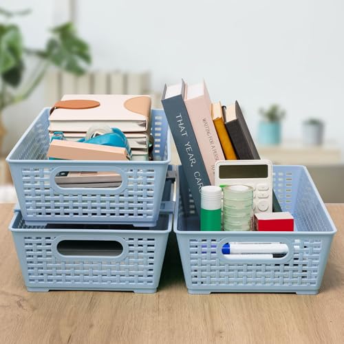 Tiawudi Stackable Woven Plastic Basket, Storage Bins for Cabinet, Closet, Shelf, Under Sink and Countertop, Pantry Organizer Bins, 6 Pack - color: Light Blue