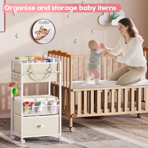 Cidaziya 2In1 Baby Diaper Caddy Organizer and Storage, 3 Tier Rolling Cart with Drawer, Mobile Utility Cart Baby Dresser Clothes Organizer for Crib, Art & Craft Storage, White, 17"W x 11.42"D x 33.5"H - color: White, size: 17"W x 11.42"D x 33.5"H