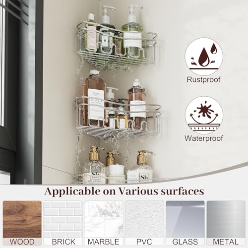 Chrome Shower Caddy Corner, 3-Pack Adhesive Shower Shelves for Inside Shower, Rustproof Bathroom Organizer Corner with Built-in Hooks, No Drilling Bathroom Storage for Bath Accessories - color: CHROME