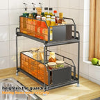 Under Sink Kitchen Storage Organizer, 2 Tier Sliding Cabinet Basket with Pull-Out Drawer, foldable Metal Under Sink Organizers for Bathroom, Pantry, Countertop, Rustproof Multi-Purpose Storage Bins