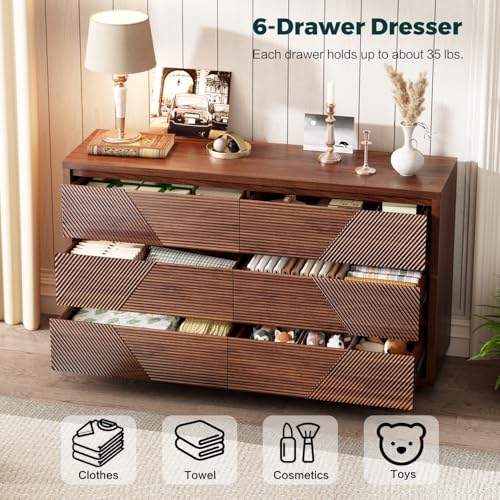 Ieejdn 55.12" Modern Chest of Drawer, 6 Deep Drawers,Clothes Organizer,Large Storage Cabinet for Living Room, Bedroom,Dresser TV Stand, Wood Drawer Organizer for Living Room, Hallway, Umber