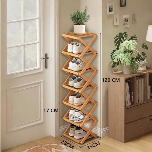 YYW Shoe Rack, Foldable Bamboo Shoes Shelf, Freestanding Shoe Storage Organiser for Entryway, Bedroom, Closet, Hallway - Functional, Natural Shoe Rack (Original, 7 Layers) - color: Original, size: 7 layers