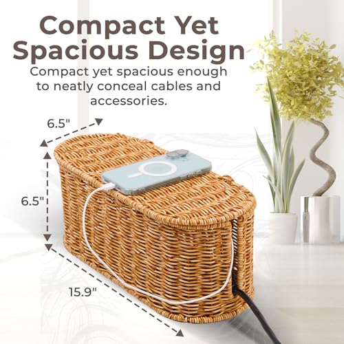 Cable Management Box, Handmade Rattan Cable Organizer, 2 Open Slots Cords Hider Box, Under Desk Cord Organizer for Computer Router USB Hub & Power Strip, Patent Pending, 15.9" x 6.5" x 6.5", Natural - color: Natural, style: Oval