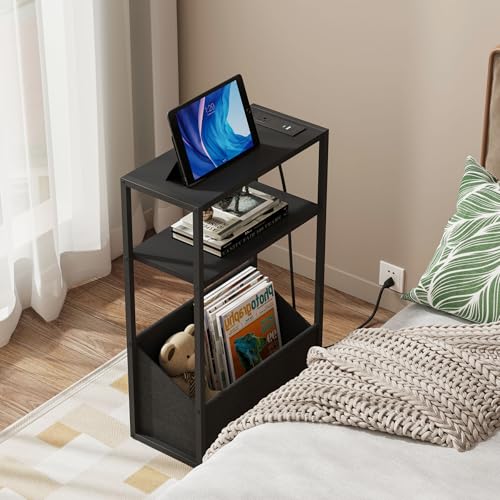 TUTOTAK Narrow Side Table, Small End Table with Charging Station, Nightstand with Fabric Basket, Bedside Table for Small Space, Livingroom, Bedroom Black TB01BK095 - color: Black