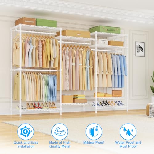 Ulif E13 Pro Heavy Duty Clothes Rack（With 4 Hanger Rods & 8 Shelves） Freestanding Clothing Racks for Hanging Clothes，Adjustable Closet，Metal Garment Rack 75" W x16 D x77 H，Max Load 1000LBS，White - color: White, size: E13 Pro