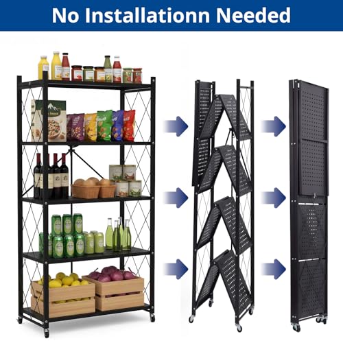 5 Tier Foldable Storage Shelf with Wheels, Heavy-Duty Metal Shelving Unit, No Assembly Book Shelf Rolling Storage Rack for Garage, Kitchen, Pantry, Closet, Exhibition, Office Decor, Black - size: 5-Tier