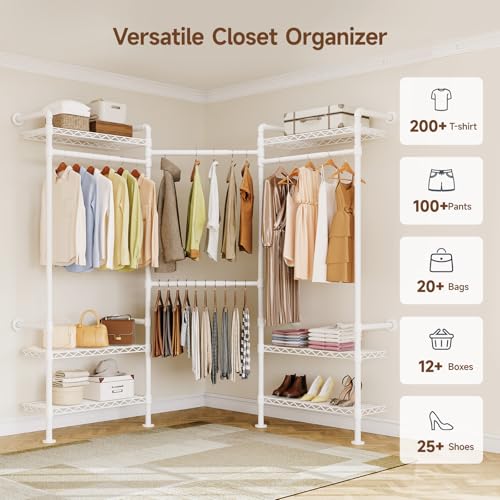 ONBRILL L3 Wall Mounted Industrial Pipe Closet System, Corner Closet Organizers with 4 Telescopic Rods & 6 Shelves, Heavy Duty Clothing Clothes Rack in Wardrobe Closet (White) - color: White