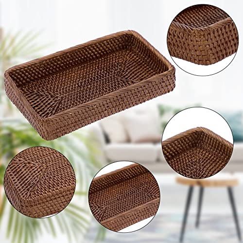 Sumnacon 10 Inch Rattan Bathroom Vanity Tray - Decorative Wicker Toilet Tank Tray for Paper Hand Towel, Vintage Storage Basket Bin for Bathroom Kitchen Toilet Tank Vanity Countertop Table Shelf, Brown - color: Brown, size: 10" x 6.1" x 1.8"