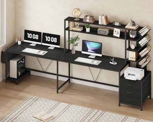 YOMILUVE L Shaped Desk with Hutch, Reversible Computer Desk with Drawers and Bookshelf, Home Office Desks with Storage Shelves for Bedroom Home Office, Black - color: Black