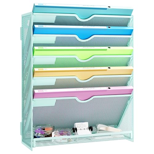 Hanging Wall File Organizer, 6-Tier Mint Green Desk Organizer with Metal Mesh, Foldable Document Organizer for Office Desk, Wall Mount Magazine Rack for Mail/Books/Tablet - color: Mint Green