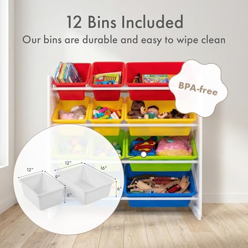 Humble Crew Toy Storage Organizer with 12 Removable Storage Bins for Kids Playroom, 4-Tier Toddler Toy Organization, White/Primary - color: White/Primary
