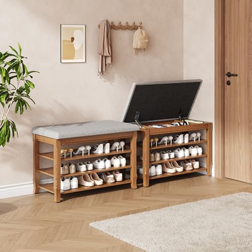 Solid Wood Shoe Bench with Storage, Flip-Top Soft-Close Lid, Adjustable Shelves, Cushioned Entryway Shoe Rack Organizer, 31.5” - size: 31.5"