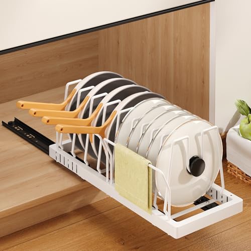 Mustorn Pots and Pans Organizer Under Cabinet, 21.6" Deep Pull Out Pot Lid Organizer Holder with Guardrail Adhesive Pot and Pan Holder Rack with 10 Adjustable Dividers-1 Pack(White) - color: White, size: 1 Pack