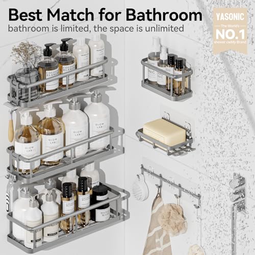 YASONIC Shower Caddy, 6 Pack Large Capacity shower Organizer with Soap Holder and 12 Hooks, Rustproof Shower Shelves for Inside Shower, No Drilling&Sleek Bathroom Organizers and Storage Grey - color: Grey, size: XL