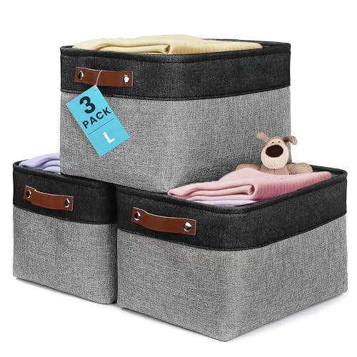 OrganiHaus Large Fabric Storage Baskets for Shelves 3 Pack, 15x11in Closet Storage Bins, Canvas Storage Bin for Organizing, Cloth Baskets, Linen Closet Organizers, Gray/Black - color: Gray / Black, size: Large - 3pc