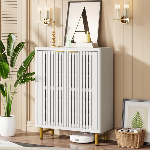 Tribesigns 6-Tier Shoe Cabinet with Shutter Doors, Large Wooden Shoe Organizer Rack with Adjustable Shelves, Modern Farmhouse Hidden Storage Furniture for Entryway, Hallway (White) - color: White