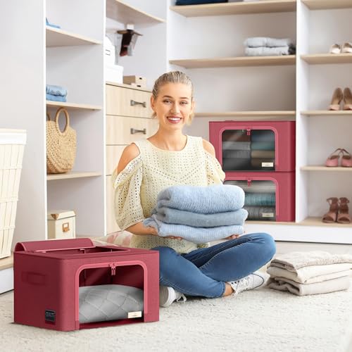 Sorbus Storage Bins with Metal Frame - Stackable & Foldable Clothes Organizer Bags - Oxford Fabric Storage Containers with Large Clear Window & Carry Handles Organization for Bedding Linen & Clothing - color: Pink, size: 6 Pack