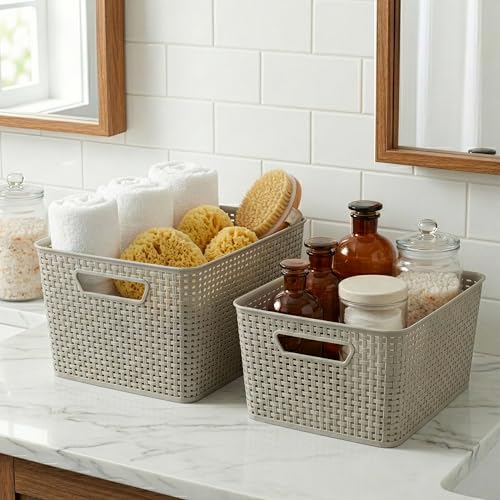 BINO | Plastic Storage Baskets, 13.5 Liter - 3 Pack, Natural | THE WOVEN COLLECTION | Storage Basket for Shelves | Woven Storage Baskets for Organizing Bins | Pantry Shelf Organizer | Container Bin - color: Natural, size: 13.5L | 3-Pack