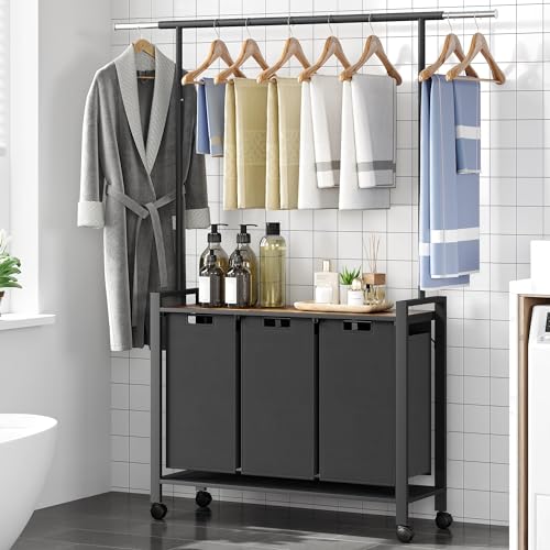 IDEALHOUSE Laundry Sorter, Rolling Laundry Hamper with Hanging Rack, Laundry Hamper 3-Section with Wheels, Hampers for Laundry, Laundry Basket Organizer for Laundry Room, Rustic Brown - size: L2 Size